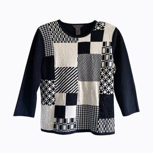 Outfit JPR BxW Mixed Media Sweater SzM Graphic Geo Patchwork Stripe Abstract Art